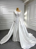 Long Sleeve Pearl Satin Sheath Wedding Dress with Overskirt 67215B