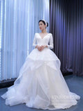 Long Sleeve Ruffled Tulle Wedding Dress Simple V-neck Ball Gown 67310