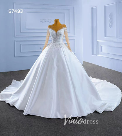 Long Sleeve Satin Ball Gown Wedding Dresses 67493-wedding dresses 2025 -Viniodress-Ivory-Custom Size-