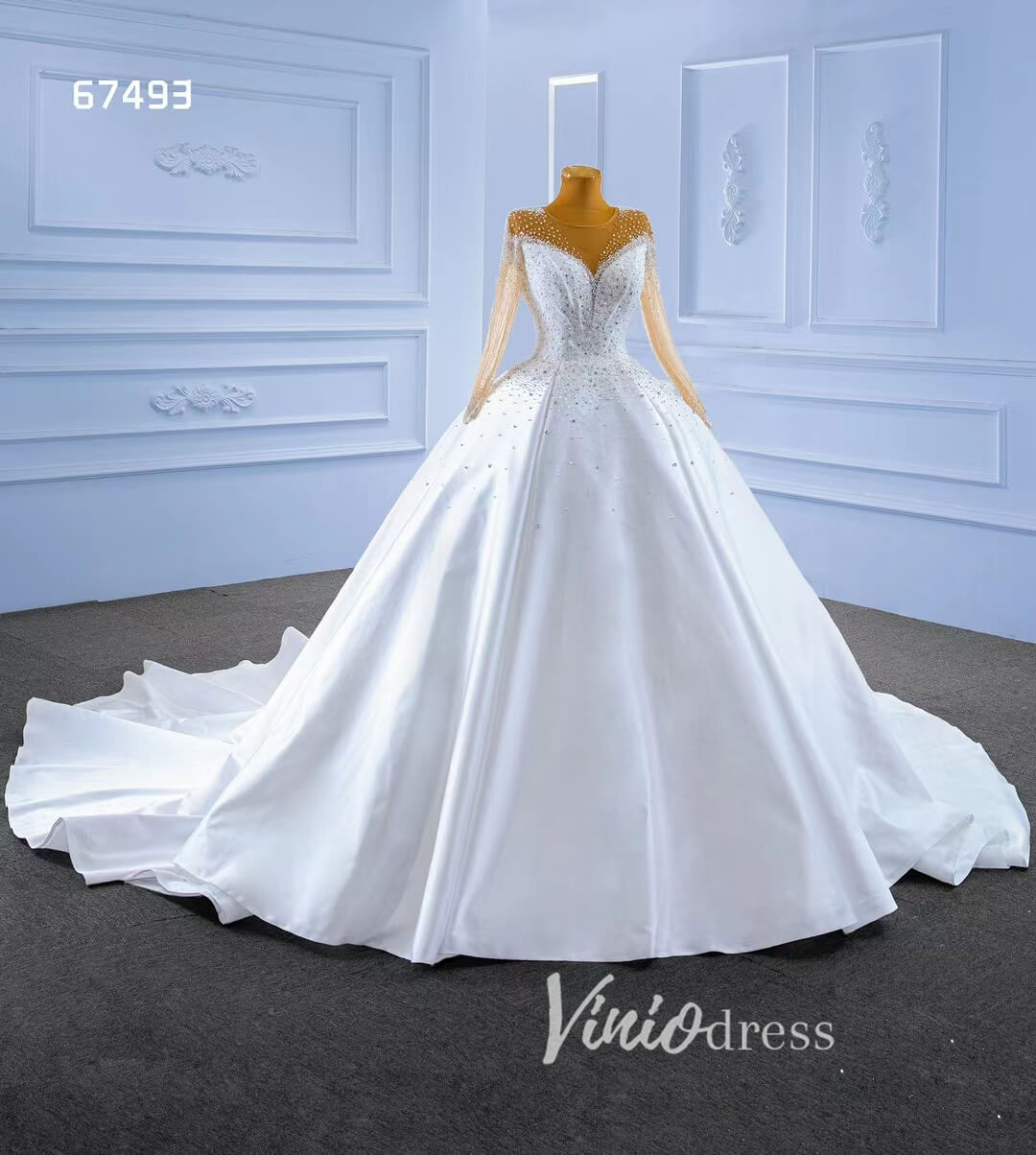 Long Sleeve Satin Ball Gown Wedding Dresses 67493-wedding dresses 2025 -Viniodress-Ivory-Custom Size-