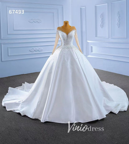 Long Sleeve Satin Ball Gown Wedding Dresses 67493-wedding dresses 2025 -Viniodress-Ivory-Custom Size-
