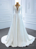 Long Sleeve Satin Wedding Gowns V-neck Pearls Wedding Dresses VW1804
