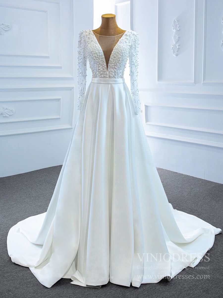 Long Sleeve Satin Wedding Gowns V-neck Pearls Wedding Dresses VW1804-wedding dresses 2025 -Viniodress-Ivory-Custom Size-