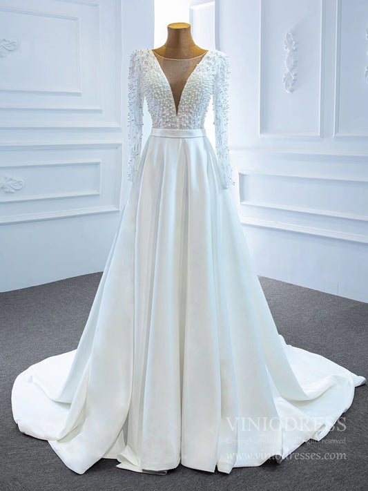 Long Sleeve Satin Wedding Gowns V-neck Pearls Wedding Dresses VW1804-wedding dresses 2025 -Viniodress-Ivory-Custom Size-