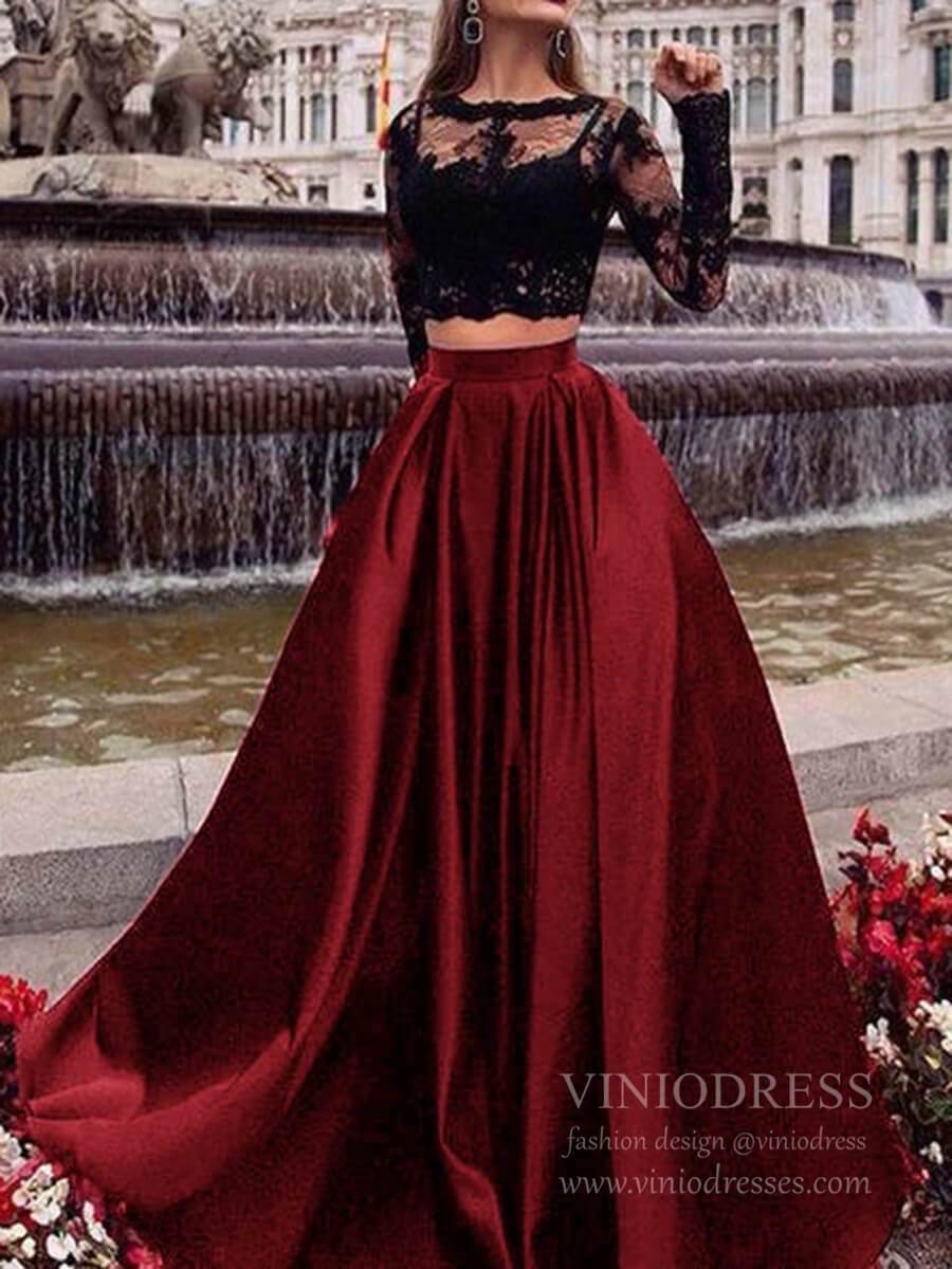 Long Sleeve Two Piece Lace Black Prom Dresses with Pockets FD1711 -  Burgundy / Custom Size