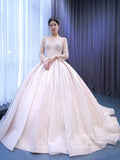 Luxury Beaded Blush Ball Gown Wedding Dress with Sleeves VW1972