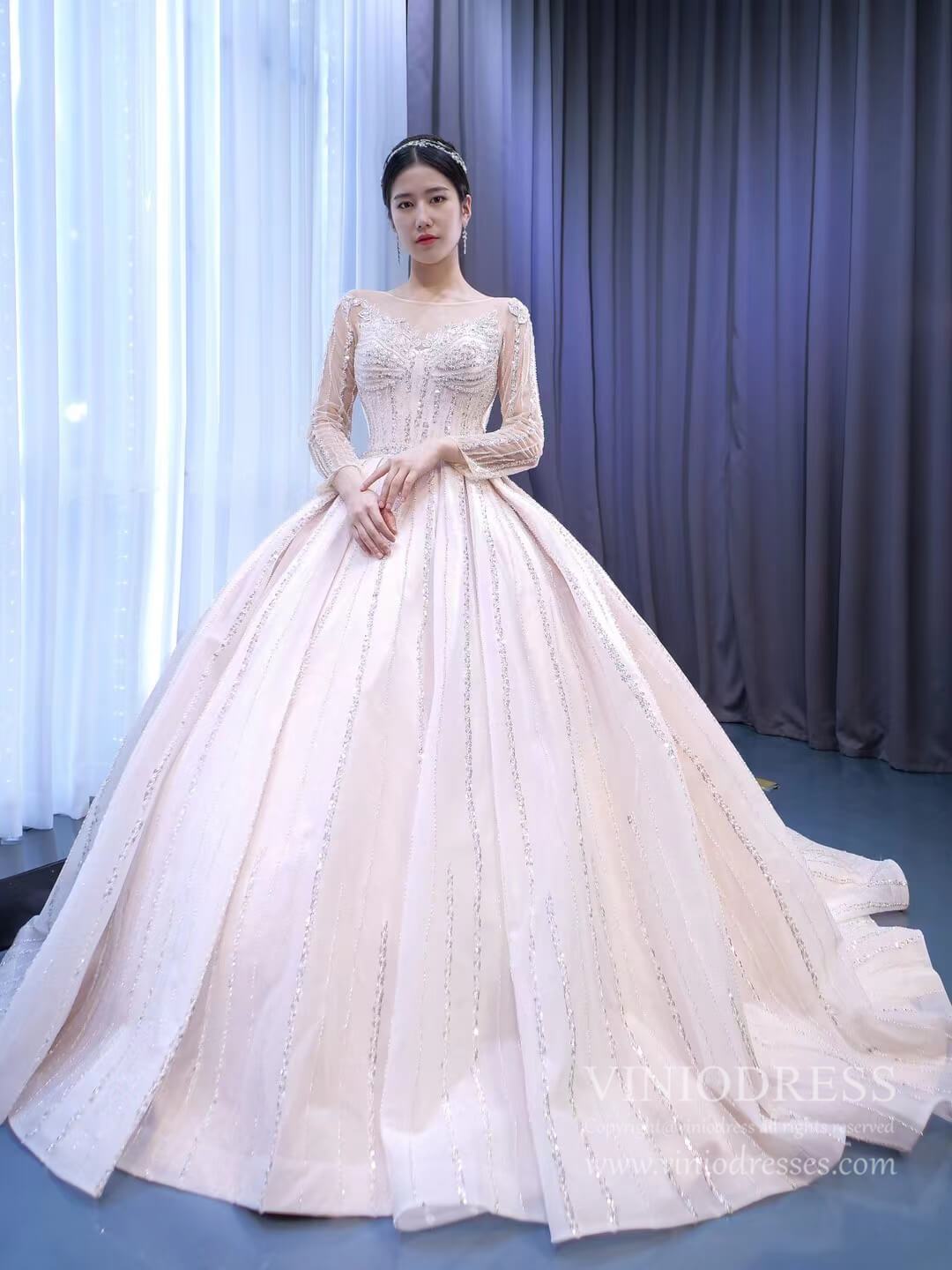 Luxury Beaded Blush Ball Gown Wedding Dress with Sleeves VW1972-wedding dresses 2025 -Viniodress-As Picture-Custom Size-