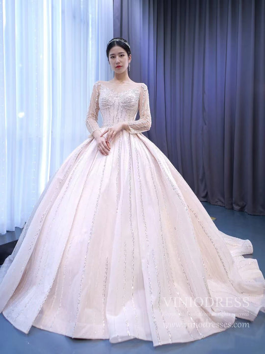 Luxury Beaded Blush Ball Gown Wedding Dress with Sleeves VW1972-wedding dresses 2025 -Viniodress-As Picture-Custom Size-