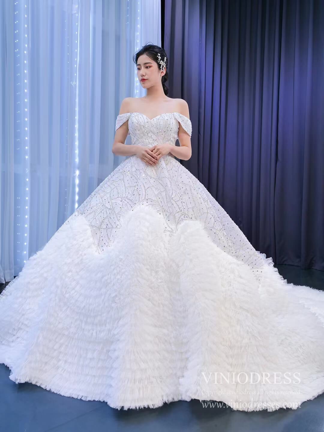 Luxury Beaded Dubai Wedding Gown Ruffled Wedding Dresses Viniodress-wedding dresses 2025 -Viniodress-As Picture-Custom Size-