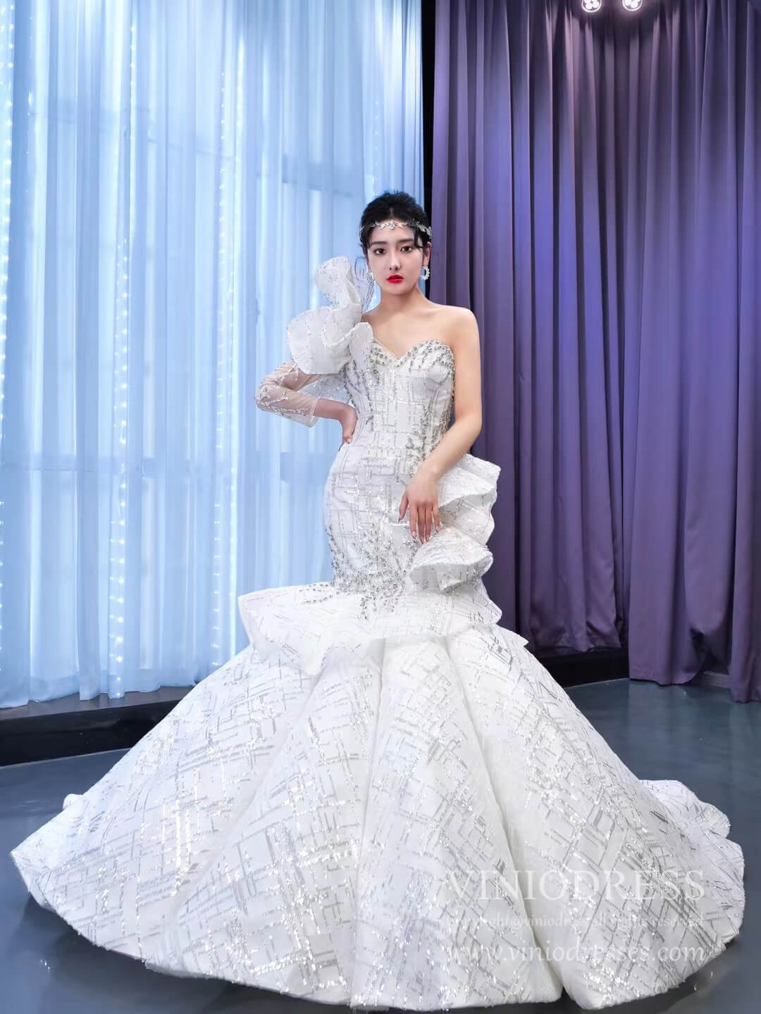 Luxury Beaded Mermaid Wedding Dresses One Shoulder Long Sleeve Pageant Gown 67438-wedding dresses 2025 -Viniodress-Ivory-Custom Size-