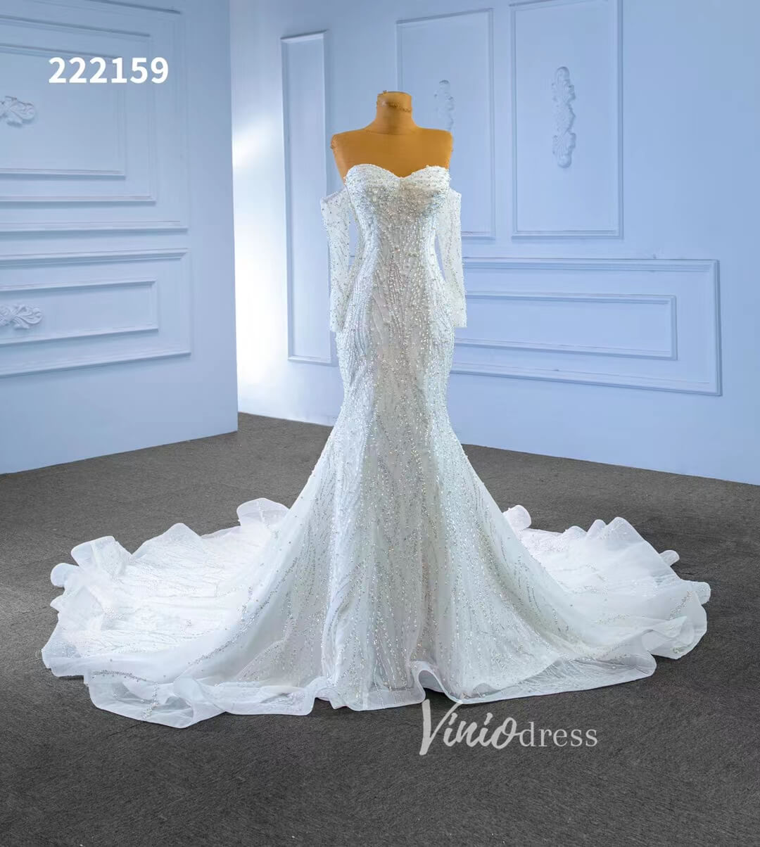 Luxury Beaded Mermaid Wedding Dresses Removable Long Sleeves 222159-wedding dresses 2025 -Viniodress-Ivory-Custom Size-