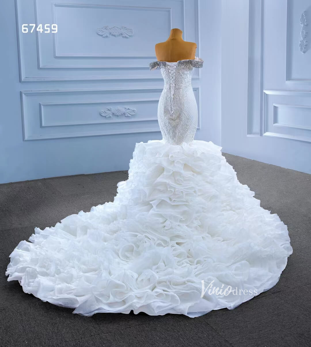 Luxury Beaded Mermaid Wedding Dresses Ruffled Bridal Gown 67459-wedding dresses 2025 -Viniodress-Ivory-Custom Size-
