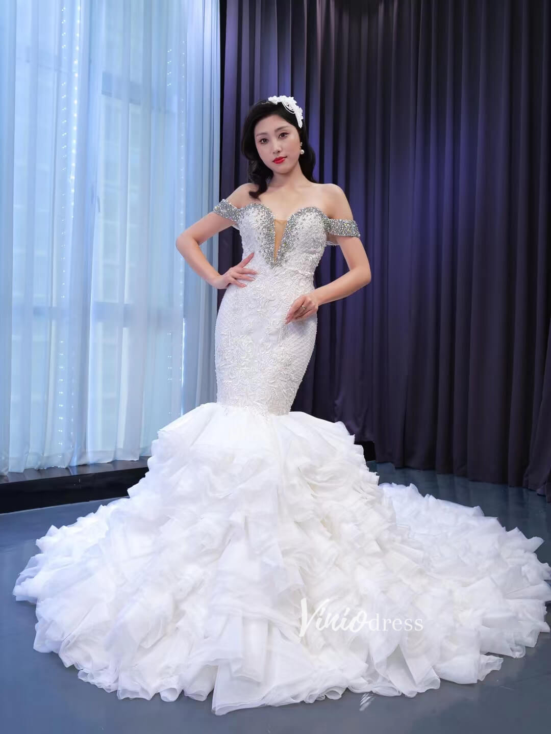 Luxury Beaded Mermaid Wedding Dresses Ruffled Bridal Gown 67459-wedding dresses 2025 -Viniodress-Ivory-Custom Size-