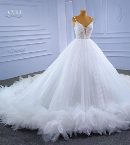 Luxury Beaded Tulle Ball Gown Wedding Dresses with Straps 67303-wedding dresses 2025 -Viniodress-Ivory-Custom Size-
