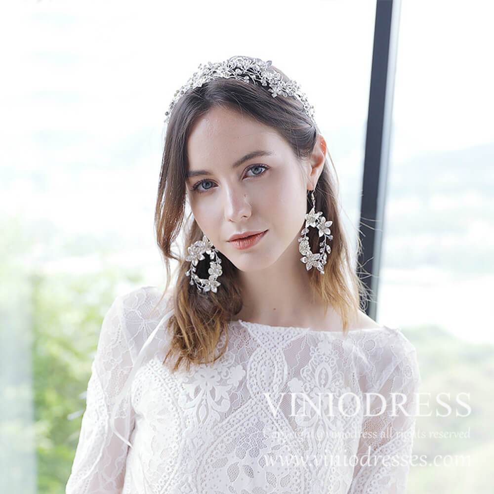 Metal Blossom Crystal Oval Earrings AC1054-Bridal Jewelry-Viniodress-Earrings-Viniodress