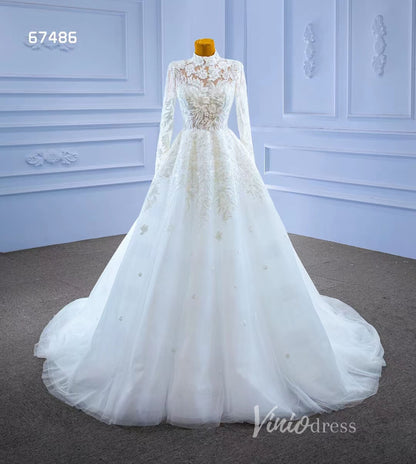 Modest High Neck Wedding Dress with Long Sleeves 67486-wedding dresses 2025 -Viniodress-Ivory-Custom Size-