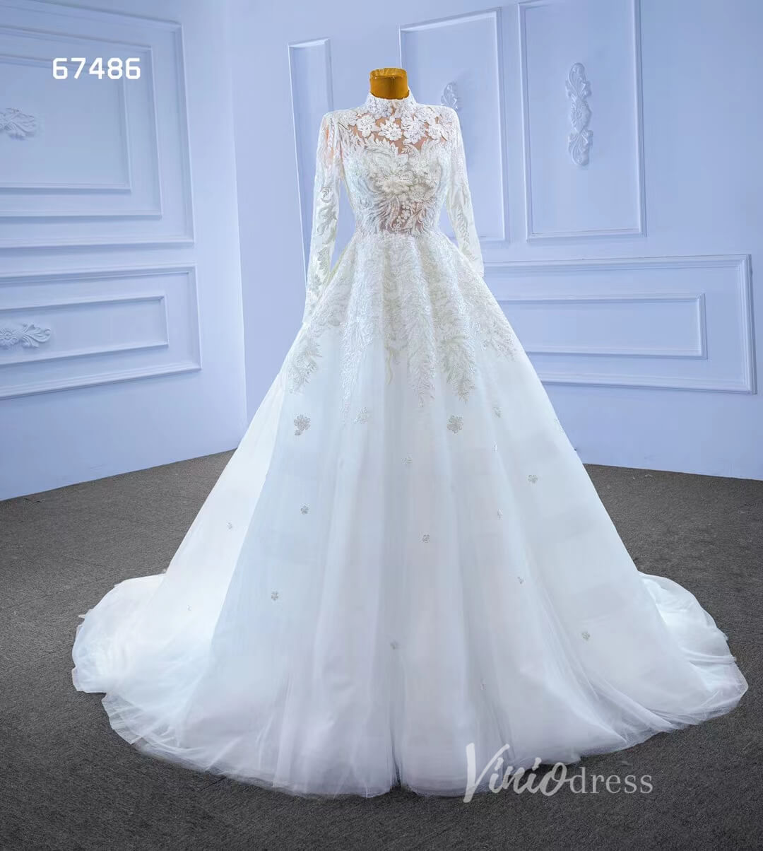 Modest High Neck Wedding Dress with Long Sleeves 67486-wedding dresses 2025 -Viniodress-Ivory-Custom Size-