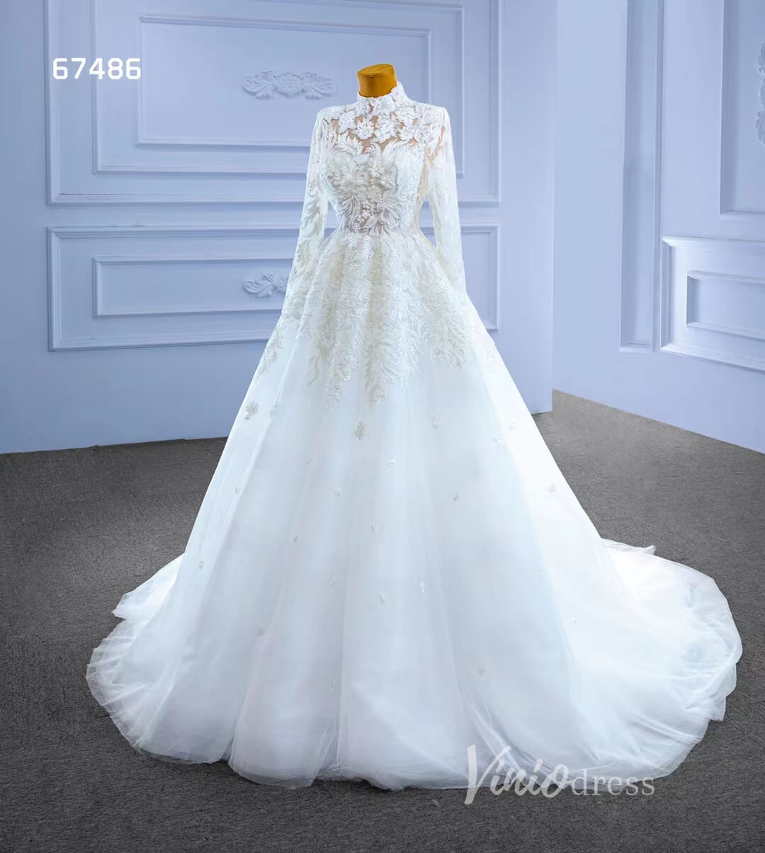 Modest High Neck Wedding Dress with Long Sleeves 67486-wedding dresses 2025 -Viniodress-Ivory-Custom Size-