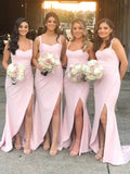 Modest Wide Strap Pink Sheath Bridesmaid Dresses with Side Slit VB1012