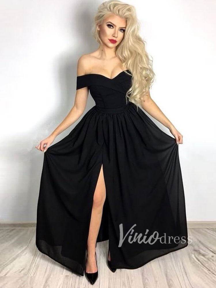 Off the Shoulder Black Long Prom Dresses with Slit FD1377-prom dresses-Viniodress-Black-US 2-Viniodress