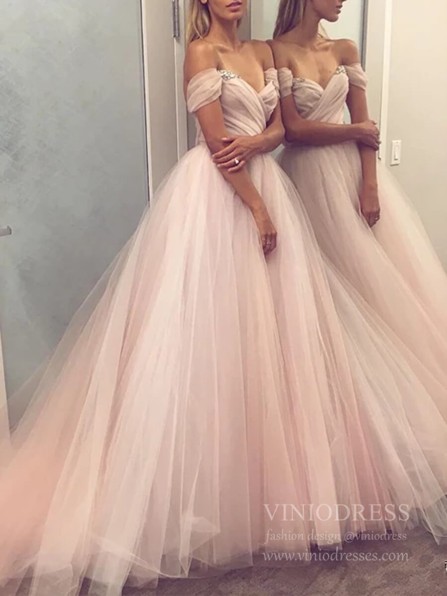 Off the Shoulder Blush Wedding Dresses with Full Tulle Skirt VW1417-wedding dresses-Viniodress-Blush Pink-Custom Size-Viniodress