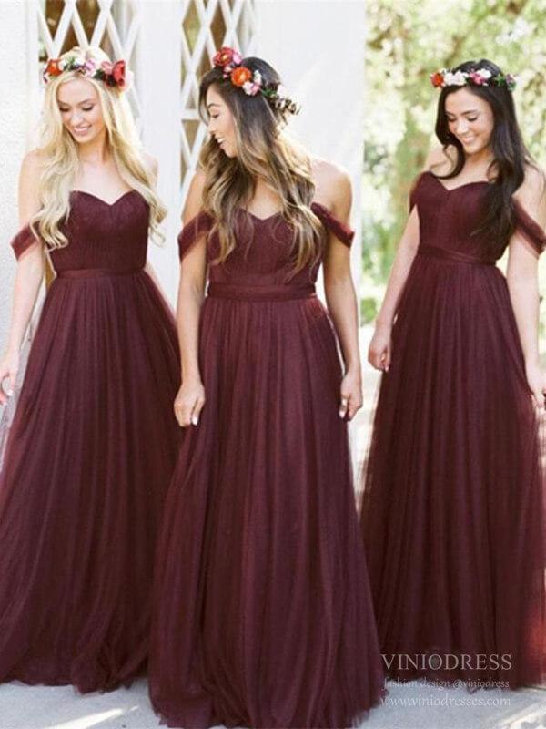 Off the Shoulder Burgundy Tulle Bridesmaid Dresses Plus Size VB1039-bridesmaid dresses-Viniodress-Burgundy-Custom Size-Viniodress