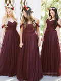 Off the Shoulder Burgundy Tulle Bridesmaid Dresses Plus Size VB1039