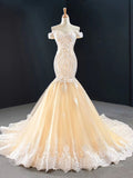 Off the Shoulder Champagne Lace Wedding Dresses Mermaid Bridal Dress VW1763