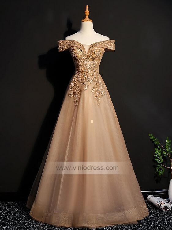 Off the Shoulder Gold Beaded Prom Dresses Long FD1457-prom dresses-Viniodress-Gold-Custom Size-Viniodress