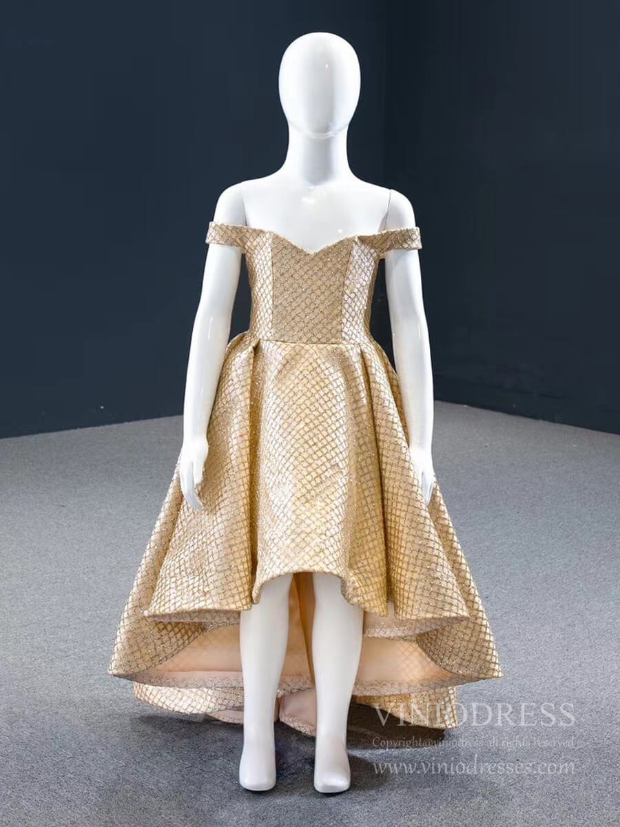 Off the Shoulder Gold Prom Dress for Little Girls FD1087C-Girls Prom Dresses-Viniodress-As Picture-Custom Size-Viniodress