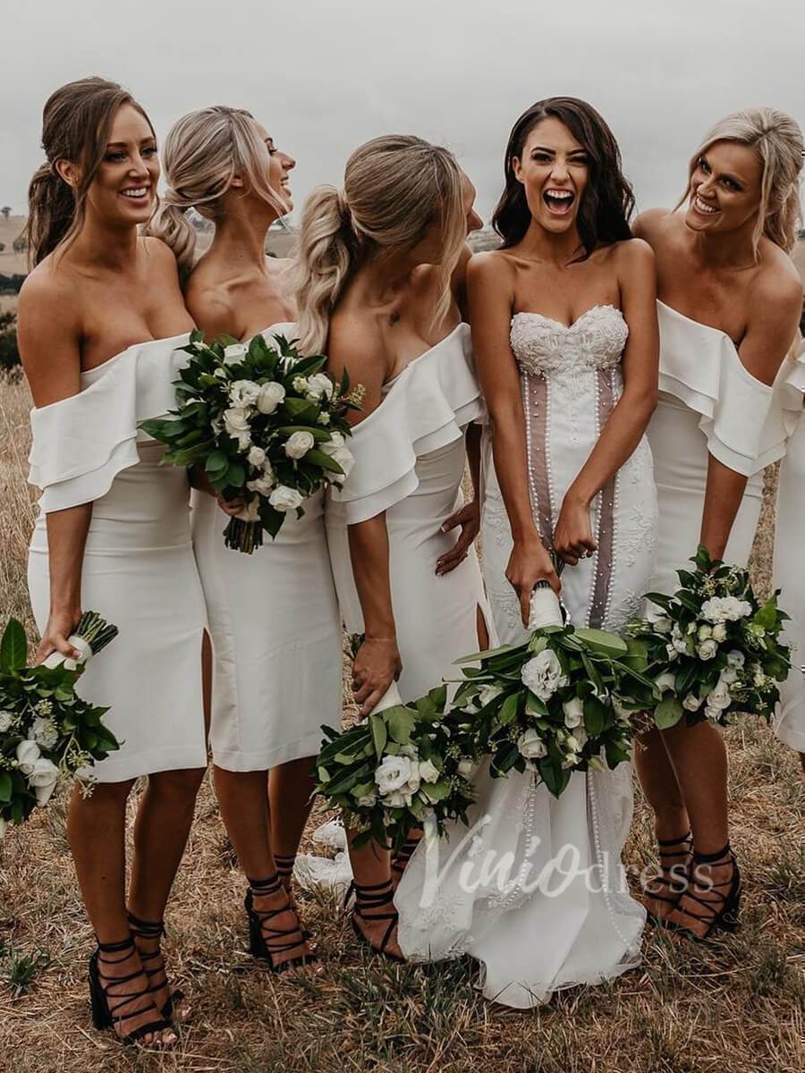 Off the Shoulder Knee Length Bridesmaid Dresses with Slit VB1020-bridesmaid dresses-Viniodress-Ivory-Custom Size-Viniodress