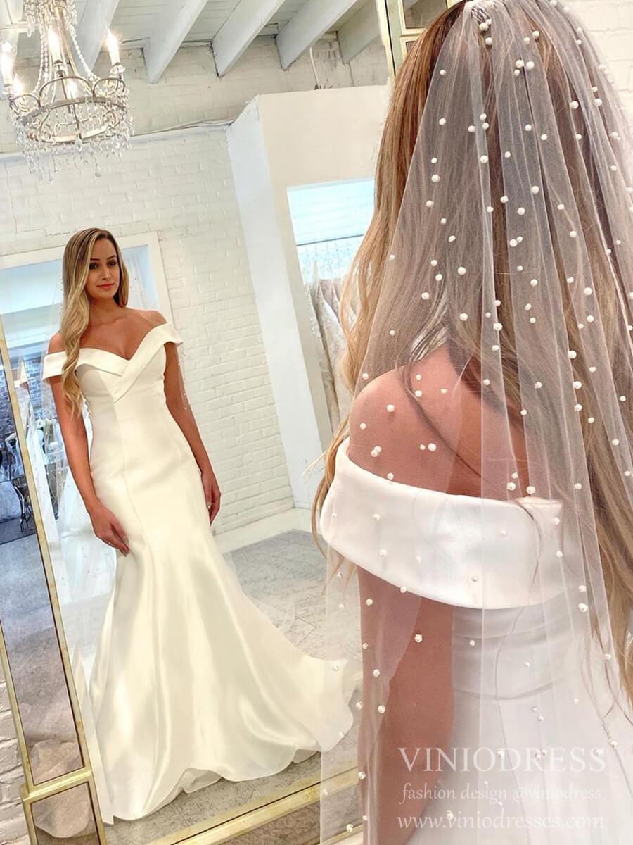 Off the Shoulder Mermaid Wedding Dresses Satin Bridal Gown VW1563-wedding dresses-Viniodress-Ivory-Custom Size-Viniodress