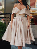 Off the Shoulder Nude Tea Length Prom Dresses with Pockets SD1288