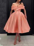 Off the Shoulder Peach Midi Length Prom Dresses with Pockets SD1288B