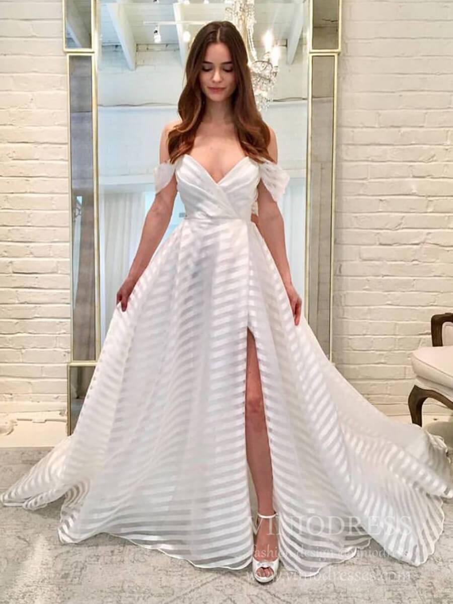 Off the Shoulder Striped Organza Wedding Dresses with Slit VW1469-wedding dresses-Viniodress-Ivory-Custom Size-Viniodress
