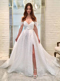 Off the Shoulder Striped Organza Wedding Dresses with Slit VW1469