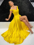 Off the Shoulder Yellow Satin Prom Dresses with Slit FD1828