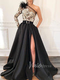 One Shoulde Black Prom Dresses with Slit and Pockets FD1541