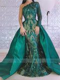 One Shoulder Emerald Green Sequin Prom Dresses Removable Overskirt FD1631