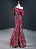 One Shoulder Long Sleeve Burgundy Prom Dresses with Slit FD2422