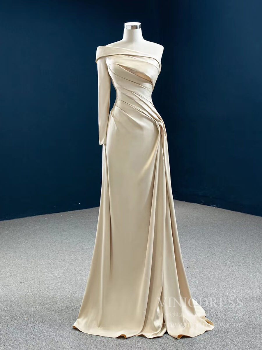 One Shoulder Long Sleeve Champagne Satin Prom Dresses FD2431-prom dresses-Viniodress-As Picture-Custom Size-Viniodress