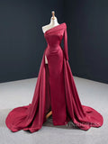 One Shoulder Long Sleeve Dark Red Satin Prom Dresses with Slit FD2428