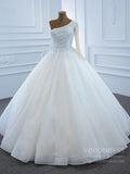 One Shoulder Pearls Wedding Dresses with Sleeves VW1772
