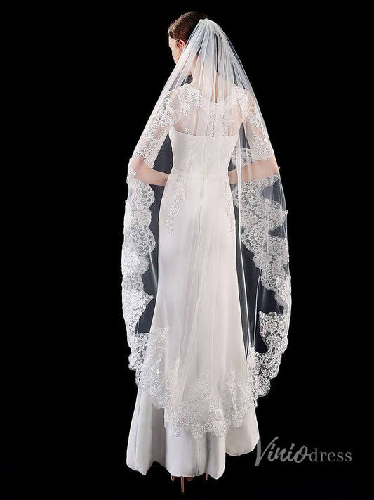 One Tier Lace Waltz Length Veil Viniodress TS1906-Bridal Veil 2025 -Viniodress-Ivory-
