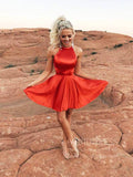 Open Back Cheap Red Satin Homecoming Dresses with Pockets SD1286