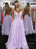Open Back Lilac Lace Long Prom Dresses with Pockets FD2542