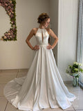 Open Back Satin Wedding Dresses Halter Simple Wedding Gowns VW1835