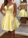 Open Back Yellow Satin Homecoming Dresses with Beaded Pockets SD1399