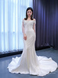 Pearl Beaded Mermaid Wedding Dresses with Long Sleeves Viniodress 67314