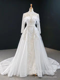 Pearls Beaded Long Sleeve Wedding Dresses with Removable Skirt VW1756